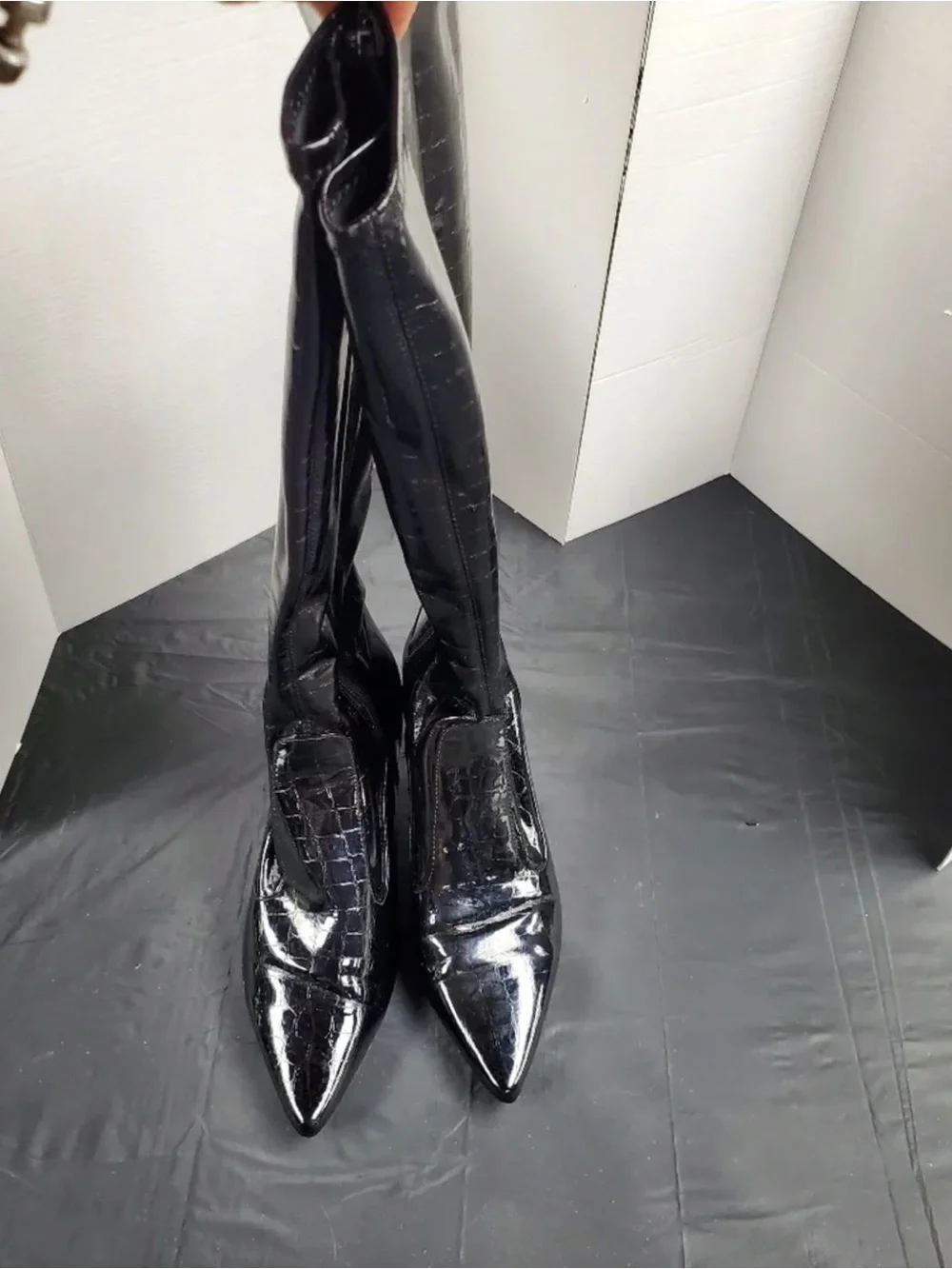 Women’s Nine West Black Patent Croc-Embossed Over-the-Knee Boots
